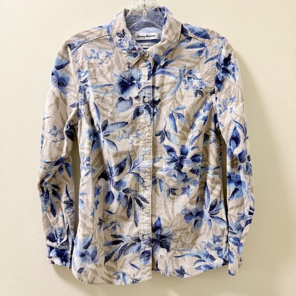 Tommy Bahama XS Floral Button Down Shirt 100% Cotton Long Sleeve Blue Beige - Picture 1 of 5